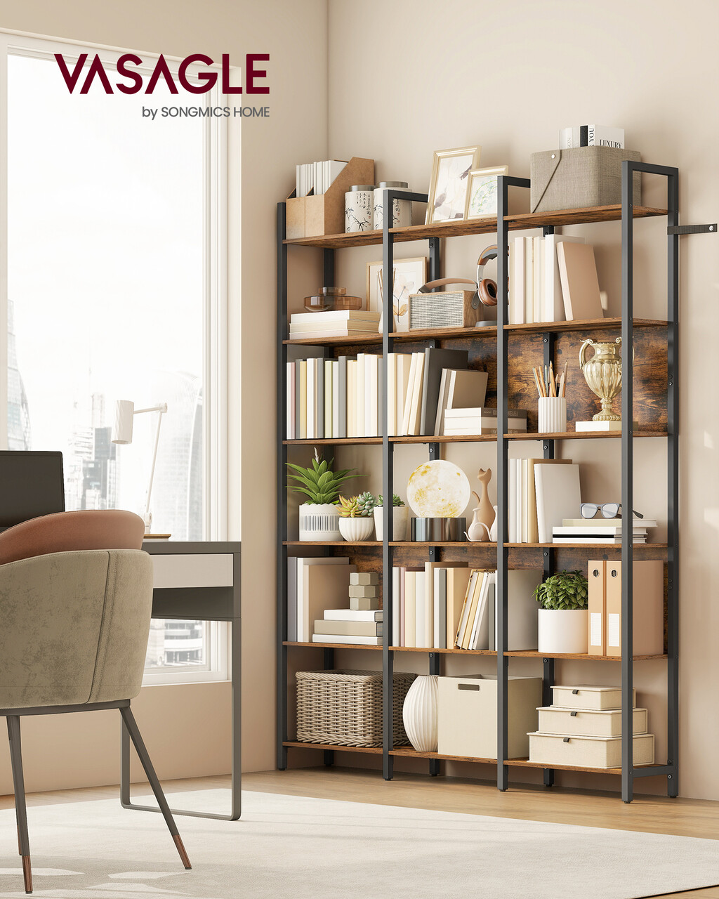 Biblioteca Industrial, Vasagle, 128x24x187 cm, PAL/MDF, maro/negru - imagine 7